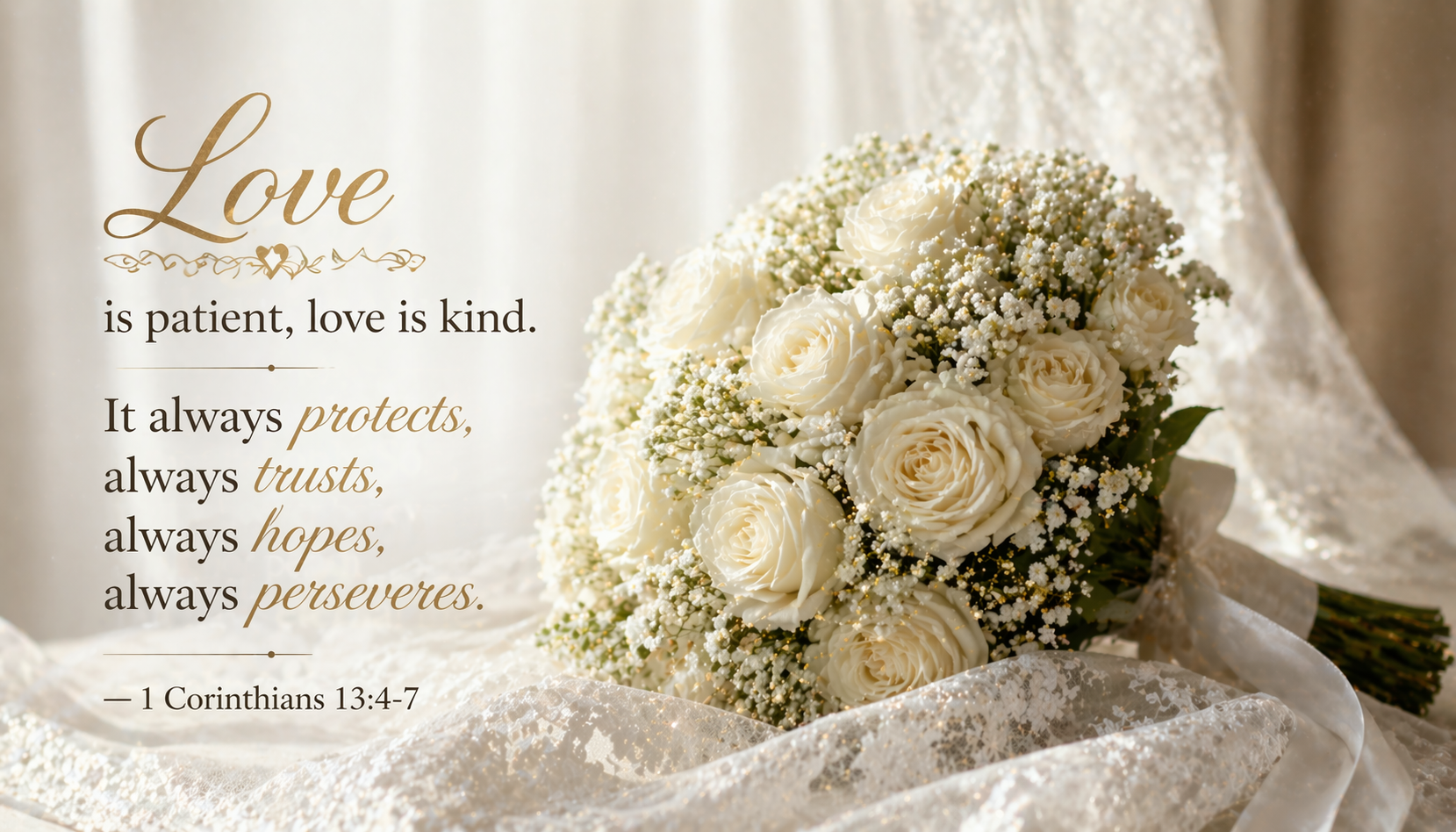 1 Corinthians 13:4-7 Bible verse wallpaper - Love is patient love is kind - white rose bridal bouquet on lace with soft window light